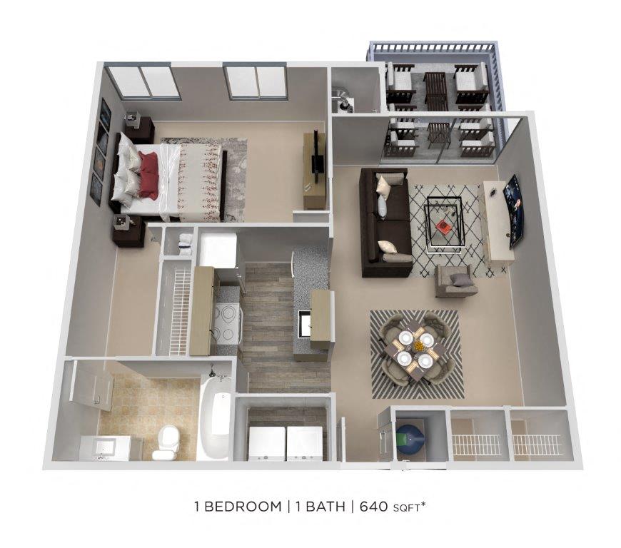 Floor plan for 1 bed, 1 bath, 640 sqft